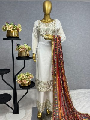 Designer embroidery sequence heavy sinon silk cream top pant dupatta